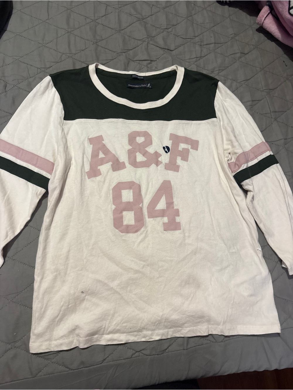 Abercrombie & Fitch White Long Sleeve Tee with Dusty Pink & Dark Green Accents